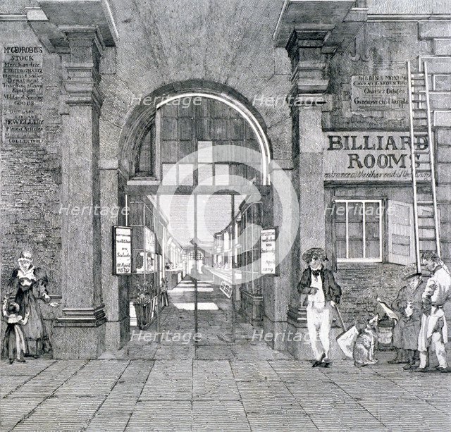 Western entrance to Exeter Change, Westminster, London, 1829 Artist: Anon