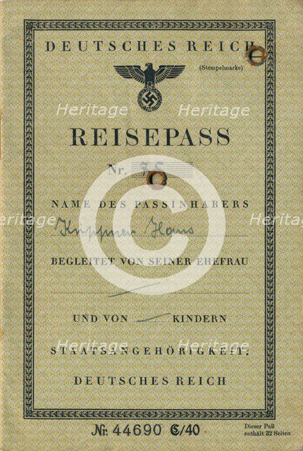 Inside page from a Nazi German passport, c1941. Artist: Unknown.