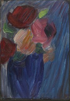 Large still life: Roses in an ultramarine blue vase.