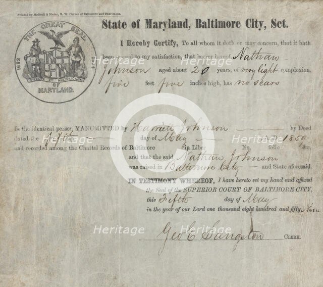 Nathan Johnson Manumitted by Harriett Johnson, 1859. Creator: Unknown.