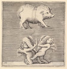 A Belted Pig and Two Cupids (or Geniuses) with a Butterfly (or Moth), published ca. 1599-1622. Creator: Unknown.