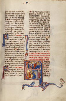 Initial E: Three Men Led before a Judge while a Fourth Man Lies Wounded and..., about 1290-1310. Creator: Unknown.