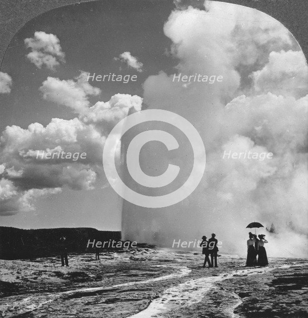Old Faithful geyser, Yellowstone National Park, USA, early 19th century.Artist: Underwood & Underwood