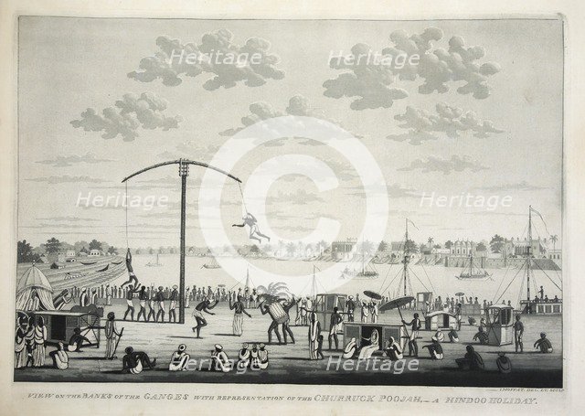 View on the Banks of the Ganges with representation of the Churruck Poojah …, pub. 1810 (engraving). Creator: James Moffat (1775 - 1815).