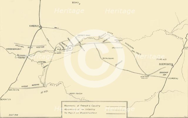 'Map Illustrating the Movements for the Relief of Kimberley and the Capture of Bloemfontein', 1901. Creator: Unknown.