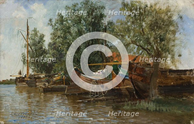 Beach scene with boats, late 19th-early 20th century. Creator: Aleksandr Karlovich Beggrov.