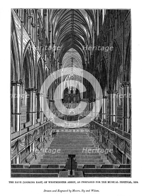The nave (looking east) of Westminster Abbey,  (1843). Artist: Messrs Sly and Wilson