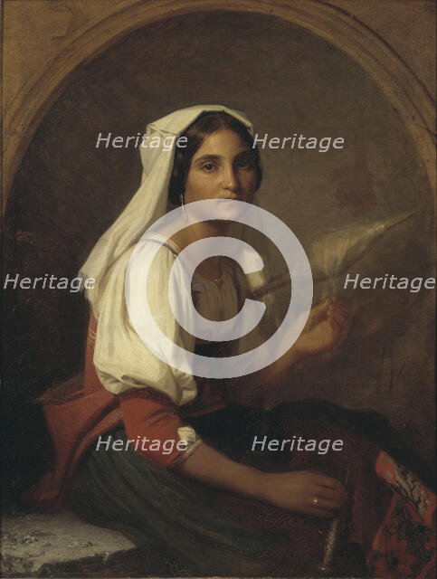 An Italian Woman Spinning Flax, 1847. Creator: Uno Troili.