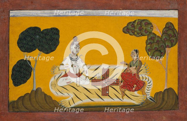 Shiva and Parvati Playing Chaupar: Folio from a Rasamanjari Series, dated 1694-95. Creator: Devidasa of Nurpur.