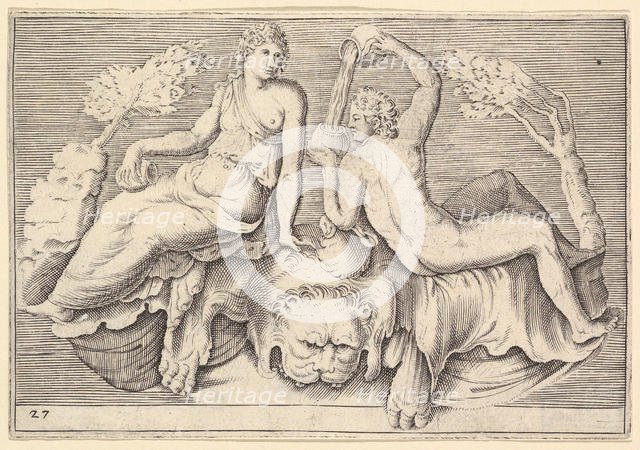 Woman and Man Seated on Lionskin, Man Pouring Wine, published ca. 1599-1622. Creator: Unknown.