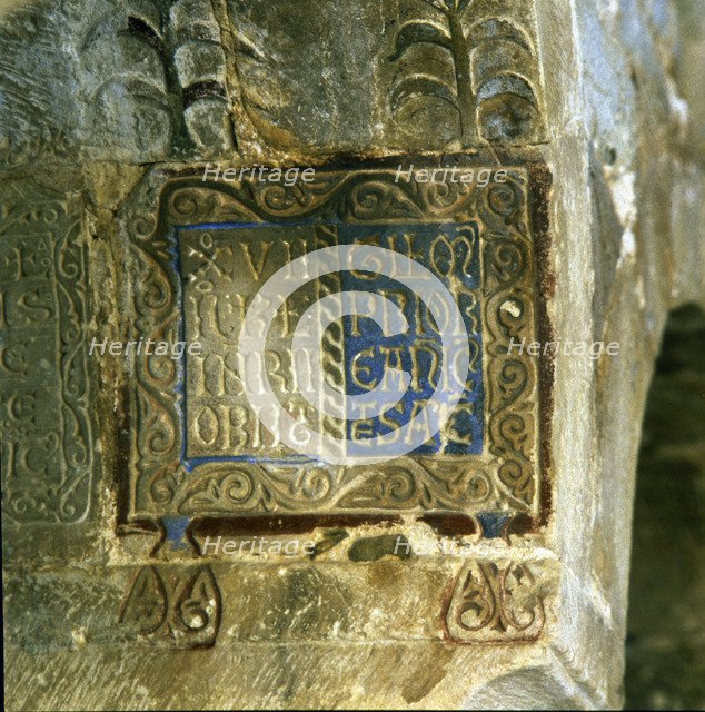 Detail of the obituary inscriptions on the soffit of an arc, used as a book page of the chapter r…