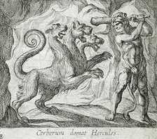 Hercules and Cerberus, published 1606. Creators: Antonio Tempesta, Wilhelm Janson.