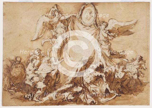 An Allegory of the Arts Vanquishing Time, Surmounted by a Medallion Portrait of..., after 1780. Creator: André Jean Lebrun.