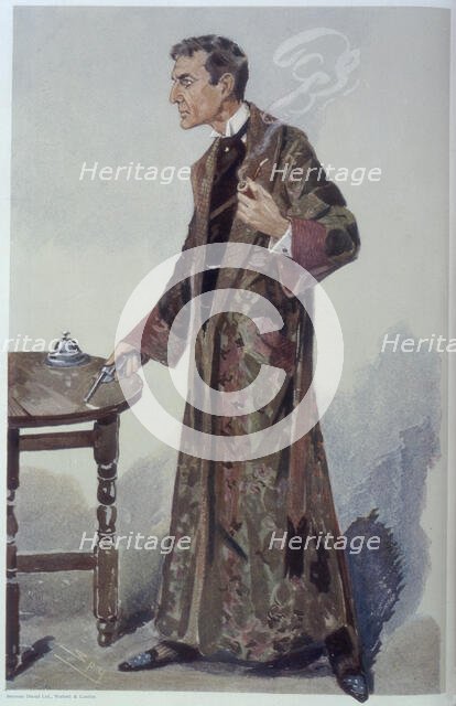 Sherlock Holmes holding a pipe and revolver, late 19th-early 20th century. Creator: Sir Leslie Matthew Ward.