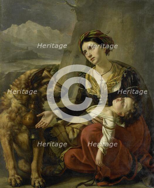 A Saint Bernard Dog Comes to the Aid of a lost Woman with a sick Child, 1827. Creator: Charles Picque.