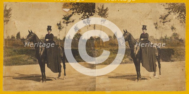 Woman with top hat on horseback, about 1860. Creator: Unknown.