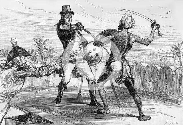 'Hand-to-Hand Combat Between Mr. Shore and the Goojur', c1891. Creator: James Grant.