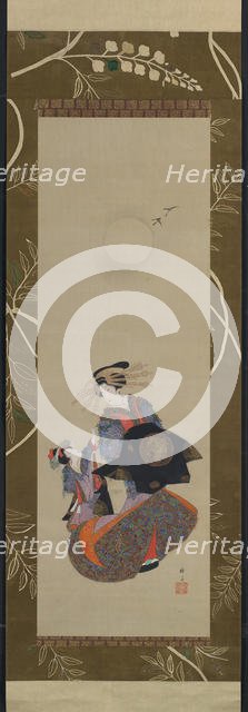 Beauty of the Yoshiwara with Apprentice in Moonlight, 19th century. Creator: Hokuba.