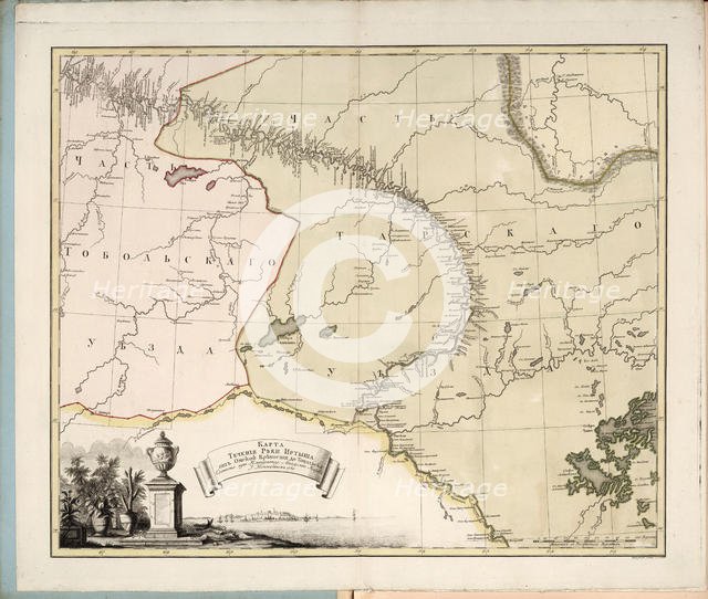 Map of the flow of the Irtysh River from Omsk fortress into Tobolsk, 1780. Creator: Islenyev, Ivan Ivanovich  .