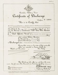 Bernard Laurence 'Barney' Nugent's Certificate of Discharge from the Citizen Military Forces, 1945. Creator: Murphy.