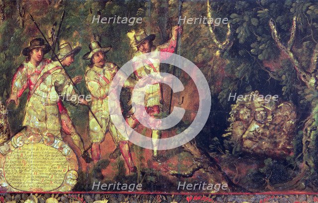  'Are four Spanish treasure and do not take' Conquest of Mexico, detail of a Painting. of 1698 co…