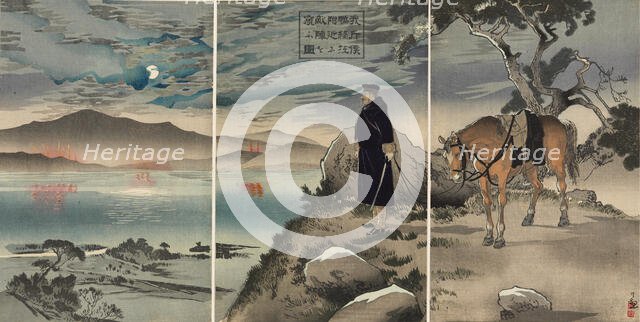 Picture of our scout reconnoitring the enemy encampment near the Yalu River, 1894. Creator: Kobayashi Kiyochika.