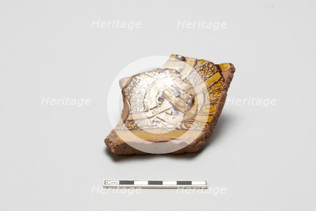 sherd, red body, white slip, yellow-brown glaze, Mamluk period, 1250-1516. Creator: Unknown.