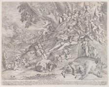 Venus and Adonis, surrounded by many putti, reclining after the hunt, with a dead boar ..., 1631-37. Creator: Pietro Testa.