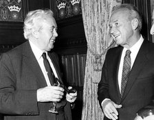 Yitzhak Rabin (1922-1995), Prime Minister of Israel  with Harold Wilson, Former PM of Britian, 1982 Artist: Sidney Harris