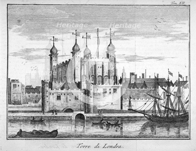 View of the Tower of London from the River Thames, 1742.                                    Artist: Anon