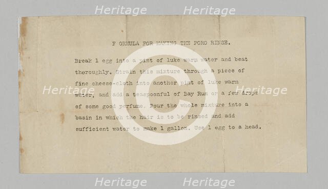 Typewritten formula for Poro hair rinse, 1915-1953    . Creator: Unknown.