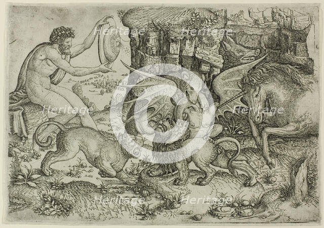 Allegory: Combat of Animals in the Presence of Man with Shield, 1515/20. Creator: Master of the Beheading of St. John the Baptist.