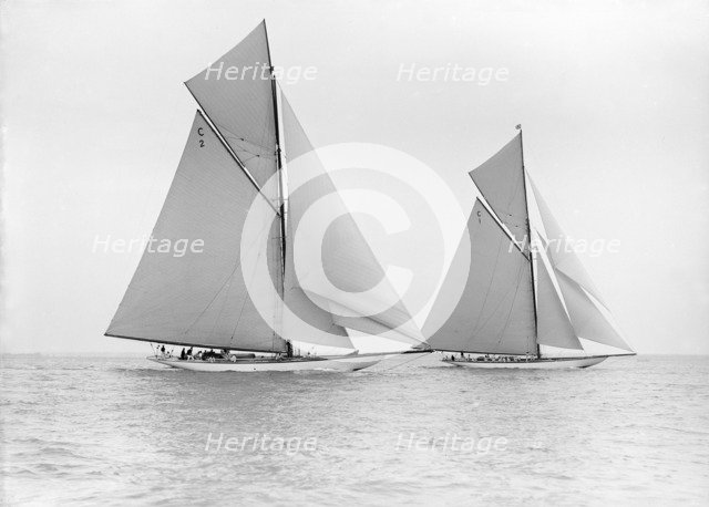 The 19-metre 'Wendula' & 'Mariquita' sail close-hauled, 1913. Creator: Kirk & Sons of Cowes.