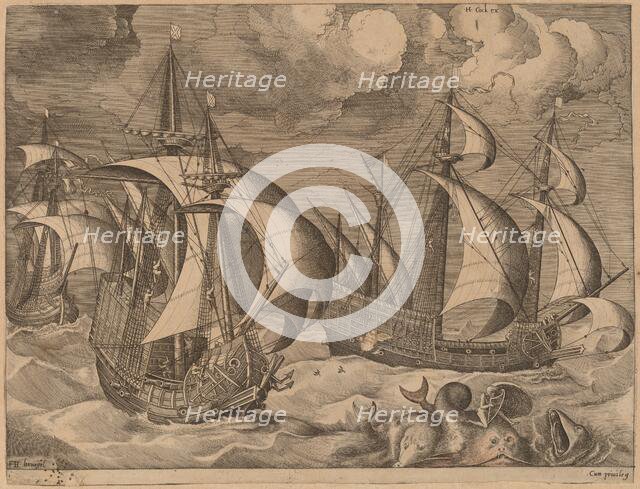 Three Caravels in a Rising Squall with Arion on a Dolphin, 1565. Creator: Frans Huys.