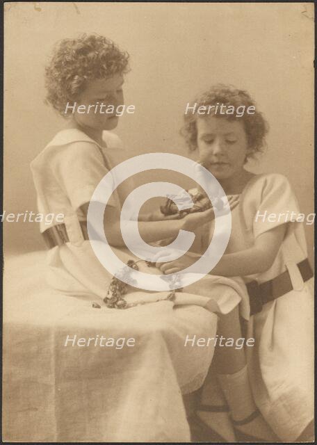 Portrait of Two Sisters Holding Statue and Wreath, 1907-1943. Creator: Louis Fleckenstein.