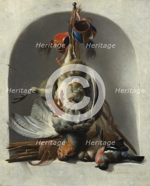 Still Life with Birds and Hunting Gear in a Niche,  c.1633. Creator: Melchior d'Hondecoeter.