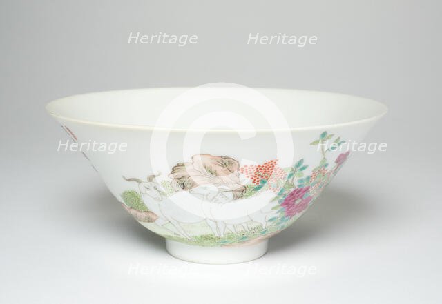 Bowl with Goats among Flowering Peonies, Pomegrenates..., Qing dynasty, Daoguang reign (1821-1850). Creator: Unknown.