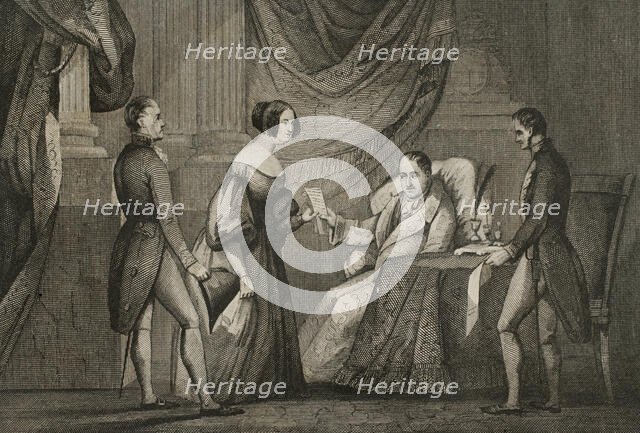 King Ferdinand VII, (1784-1833) hands over Doña María Cristina the Decree of 6 October 1832., 1842. Creator: Unknown.
