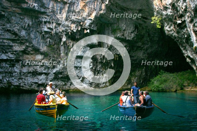 Tourist boat trip, Melissani Lake, Kefalonia, Greece.