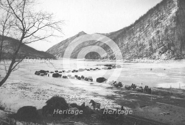 Movement of a caravan of camels on the ice of the Zeya River near the mouth of the Gilyuy River,1909 Creator: Vladimir Ivanovich Fedorov.