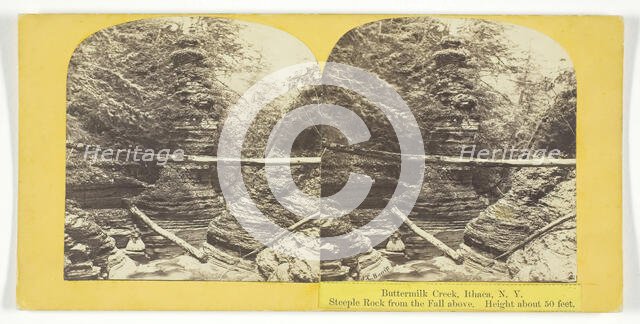 Buttermilk Creek, Ithaca, N.Y. Steeple Rock from the Fall above. Height about 50 feet, 1860/65. Creator: J. C. Burritt.