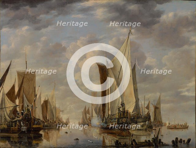 Shipping in a Calm at Flushing with a States General Yacht Firing a Salute, 1649. Creator: Jan van de Cappelle.