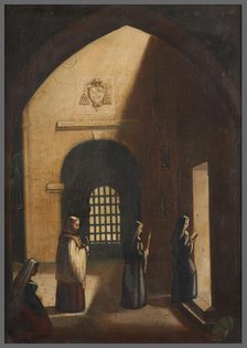 Deux religieuses et un diacre marchant dans une église, dans le genre de François Marius Granet. Creator: Anon.