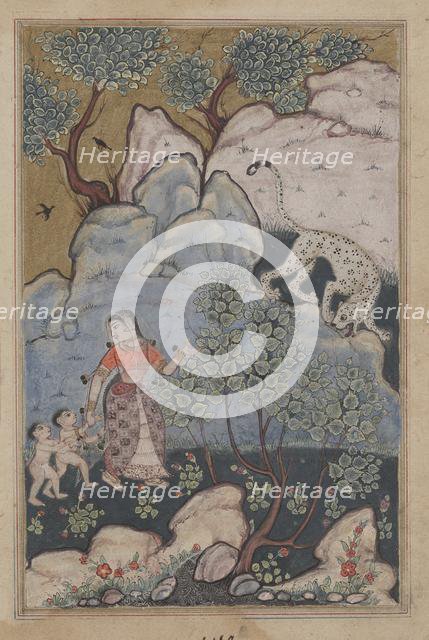 Page from Tales of a Parrot (Tuti-nama): Thirtieth night: A woman with two children..., c. 1560. Creator: Unknown.