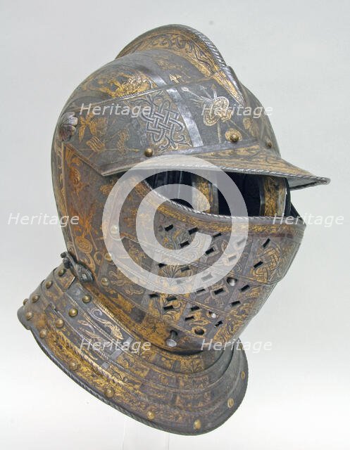 Close Helmet with Falling Buffe, Italian, Milan, ca. 1590-95. Creator: Pompeo della Cesa.