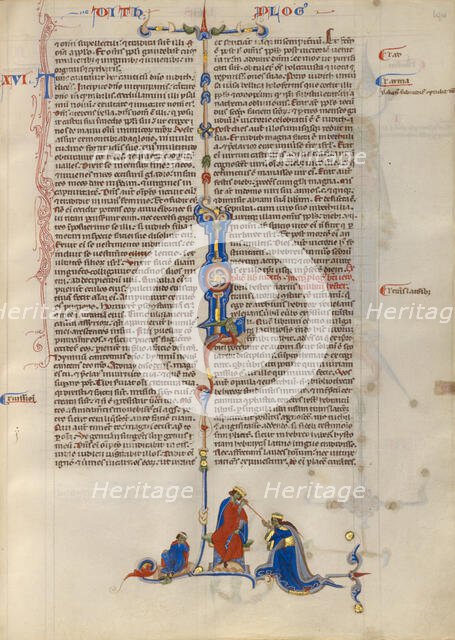 Initial L: Esther before King Ahausuerus; Abbey Bible, about 1250-1262. Creator: Unknown.
