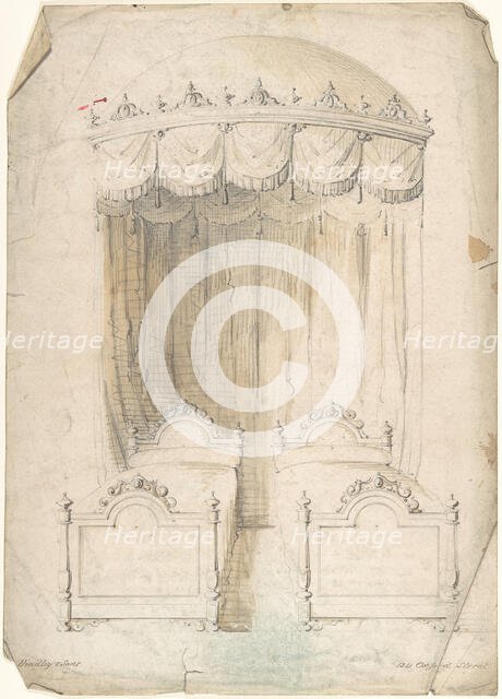 Design for Twin Beds with a Canopy, 1841-84. Creator: Charles Hindley & Sons.