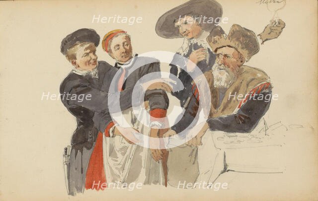 Group in seventeenth-century clothing, c. 1846-c. 1882. Creator: Cornelis Springer.