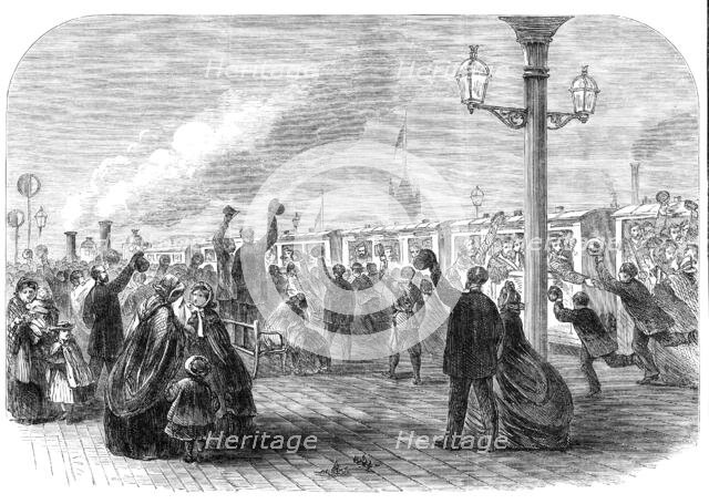 Reinforcements for Canada: the Guards leaving the South-Western Railway station for Southampton,1861 Creator: Unknown.
