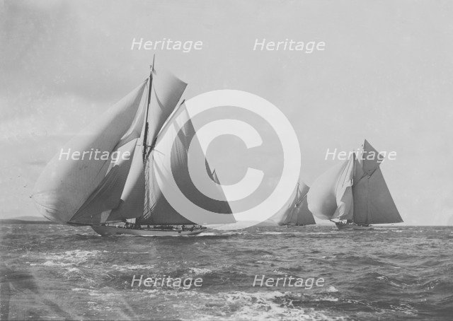 'White Heather', 'Meteor III' and 'Brynhild' racing in the Solent, 1905. Creator: Kirk & Sons of Cowes.